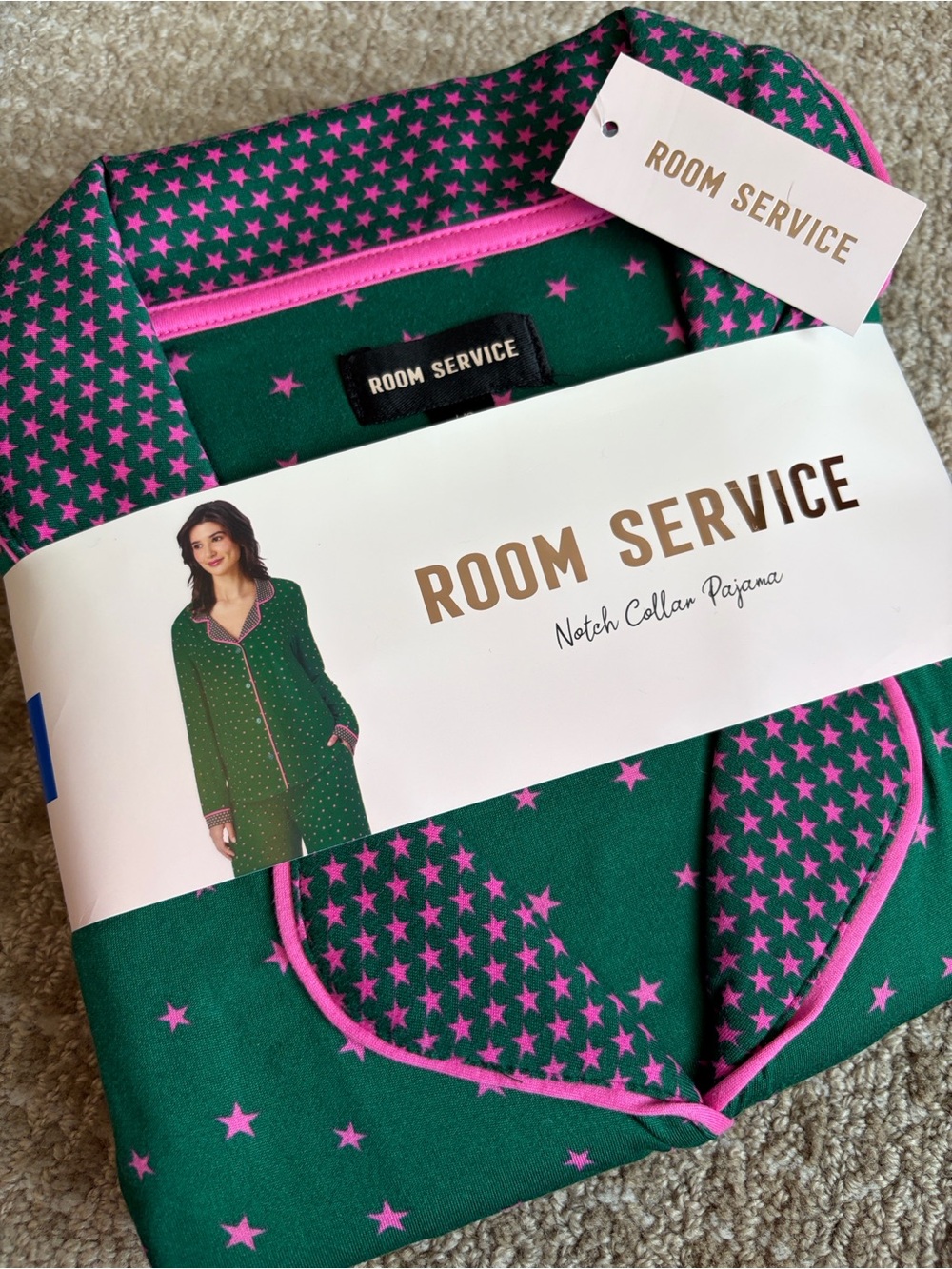 Room Service Women's Green Pink Star Pajama Set- L- Cottagecore Girly Whimsical